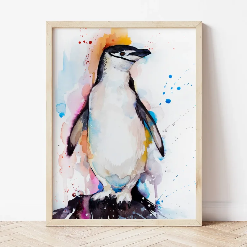 Chinstrap Penguin watercolor painting the artwork on the T-shirt by Slaveika Aladjova