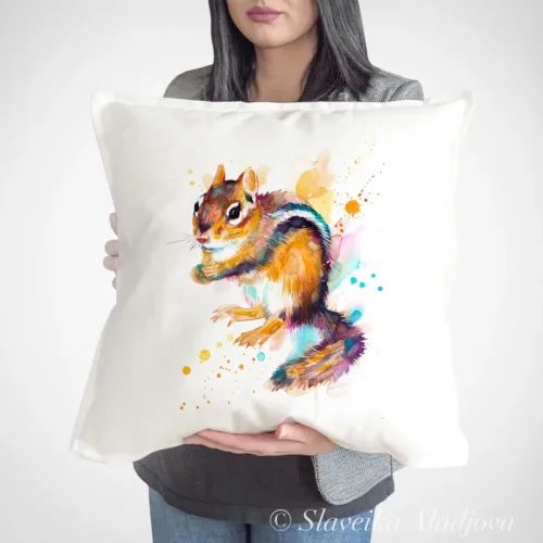 Chipmunk Art Pillow Cover, Watercolor Cushion 50 × 50 cm Chipmunk watercolor painting printed on a 50 x 50 cm cotton art pillow cover by Slaveika Aladjova