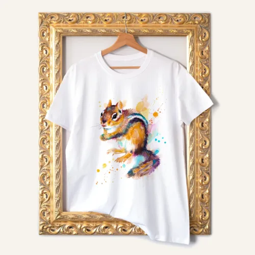 Chipmunk T-Shirt, Watercolor Art Tee Chipmunk watercolor painting printed on a white cotton T-shirt by Slaveika Aladjova