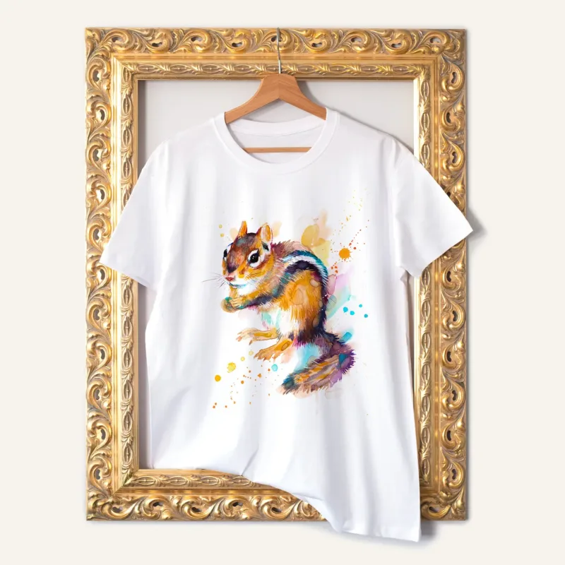 Chipmunk watercolor painting printed on a white cotton T-shirt by Slaveika Aladjova