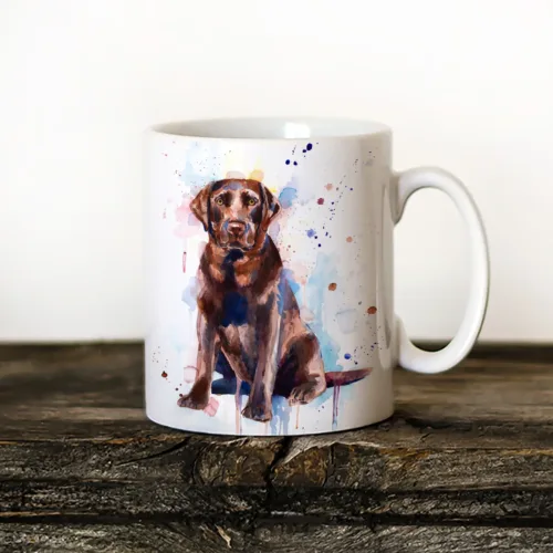 Chocolate Labrador watercolor painting printed on an 11 oz ceramic art mug by Slaveika Aladjova