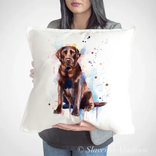 Chocolate Labrador Art Pillow Cover, Watercolor Cushion 50 × 50 cm Chocolate Labrador watercolor painting printed on a 50 x 50 cm cotton art pillow cover by Slaveika Aladjova