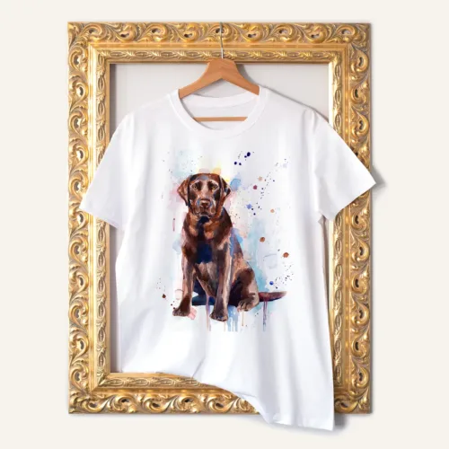 Chocolate Labrador watercolor painting printed on a white cotton T-shirt by Slaveika Aladjova