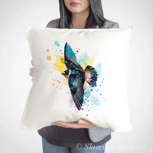 Cliff Swallow Art Pillow Cover, Watercolor Cushion 50 × 50 cm Cliff Swallow watercolor painting printed on a 50 x 50 cm cotton art pillow cover by Slaveika Aladjova