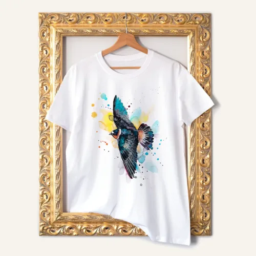 Cliff Swallow T-Shirt, Watercolor Art Tee Cliff Swallow watercolor painting printed on a white cotton T-shirt by Slaveika Aladjova