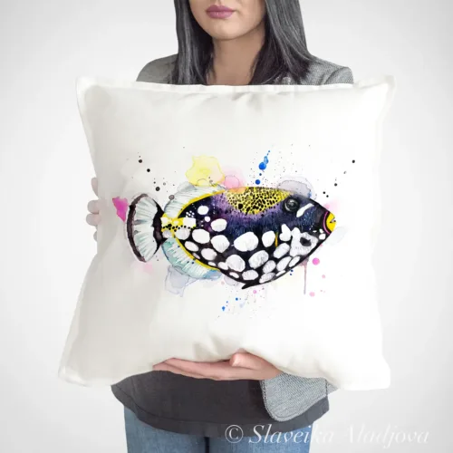 Clown Triggerfish Art Pillow Cover, Watercolor Cushion 50 × 50 cm Clown Triggerfish watercolor painting printed on a 50 x 50 cm cotton art pillow cover by Slaveika Aladjova