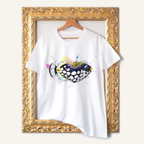 Clown Triggerfish T-Shirt, Watercolor Art Tee Clown Triggerfish watercolor painting printed on a white cotton T-shirt by Slaveika Aladjova