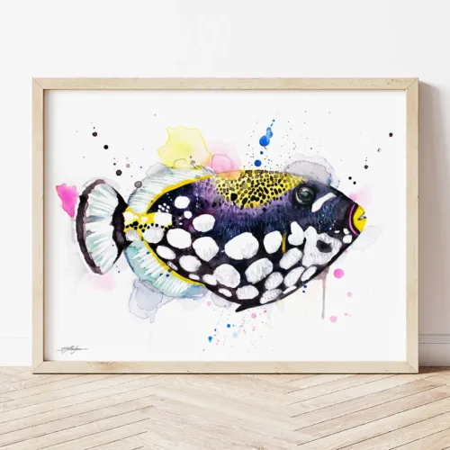 Clown Triggerfish watercolor painting the artwork on the T-shirt by Slaveika Aladjova