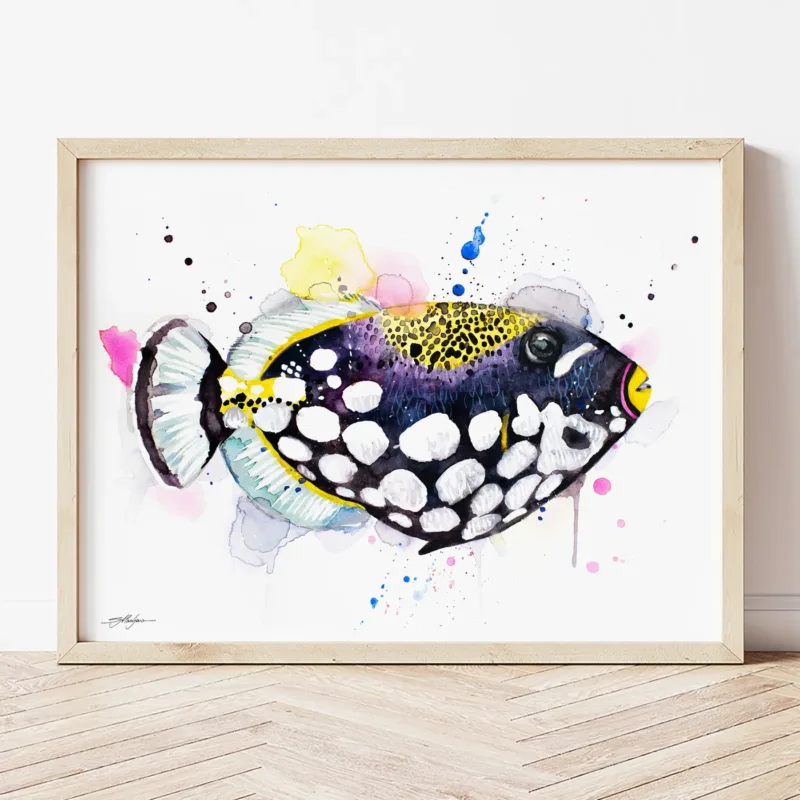Clown Triggerfish watercolor painting the artwork on the T-shirt by Slaveika Aladjova