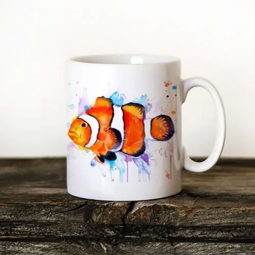 Clownfish Art Mug, Watercolor Ceramic Mug 11 oz Clownfish watercolor painting printed on an 11 oz ceramic art mug by Slaveika Aladjova