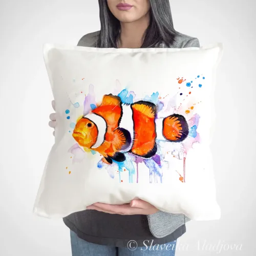 Clownfish Art Pillow Cover, Watercolor Cushion 50 × 50 cm Clownfish watercolor painting printed on a 50 x 50 cm cotton art pillow cover by Slaveika Aladjova