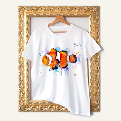 Clownfish T-Shirt, Watercolor Art Tee Clownfish watercolor painting printed on a white cotton T-shirt by Slaveika Aladjova