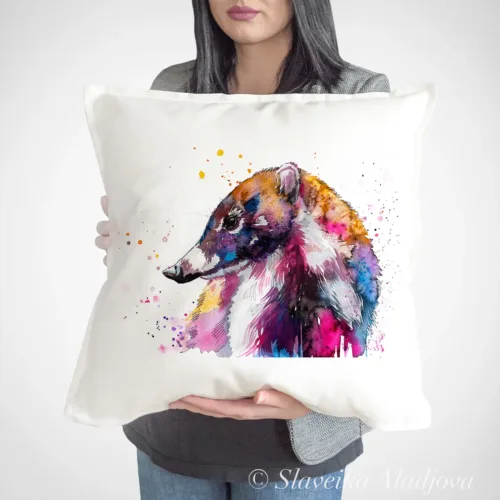 Coati Art Pillow Cover, Watercolor Cushion 50 × 50 cm Coati watercolor painting printed on a 50 x 50 cm cotton art pillow cover by Slaveika Aladjova