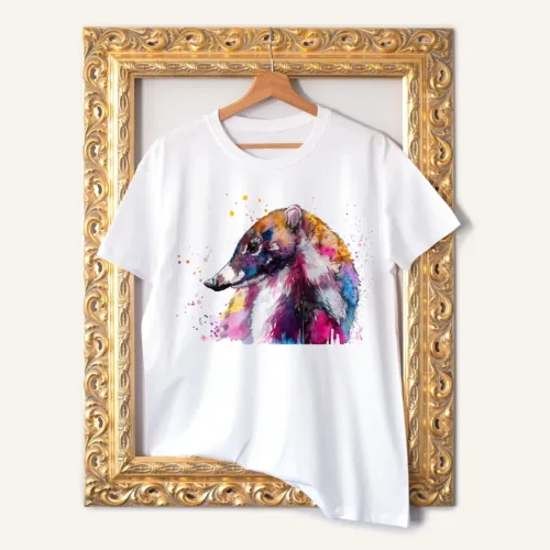 Coati T-Shirt, Watercolor Art Tee Coati watercolor painting printed on a white cotton T-shirt by Slaveika Aladjova
