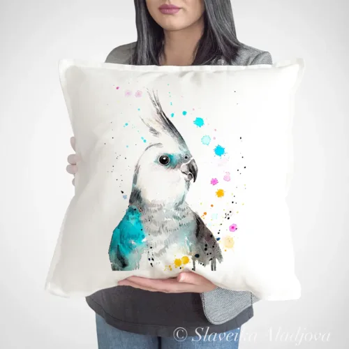 Cockatiel Art Pillow Cover, Watercolor Cushion 50 × 50 cm Cockatiel watercolor painting printed on a 50 x 50 cm cotton art pillow cover by Slaveika Aladjova