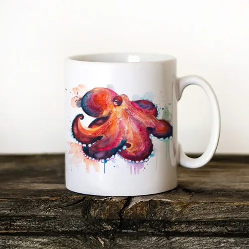 Coconut Octopus Art Mug, Watercolor Ceramic Mug 11 oz Coconut Octopus watercolor painting printed on an 11 oz ceramic art mug by Slaveika Aladjova