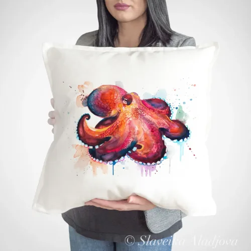Coconut Octopus Art Pillow Cover, Watercolor Cushion 50 × 50 cm Coconut Octopus watercolor painting printed on a 50 x 50 cm cotton art pillow cover by Slaveika Aladjova