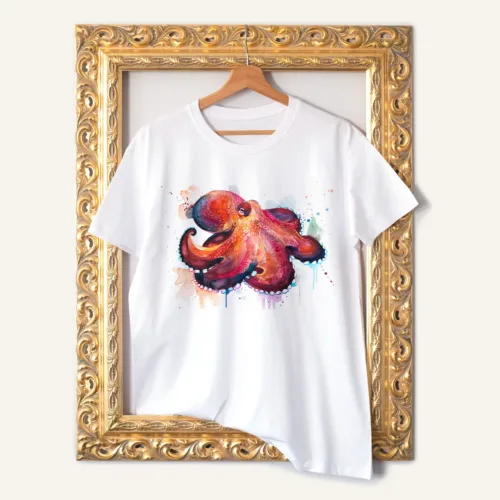 Coconut Octopus T-Shirt, Watercolor Art Tee Coconut Octopus watercolor painting printed on a white cotton T-shirt by Slaveika Aladjova