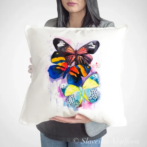 Colorful Butterflies Art Pillow Cover, Watercolor Cushion 50 × 50 cm Colorful Butterflies watercolor painting printed on a 50 x 50 cm cotton art pillow cover by Slaveika Aladjova