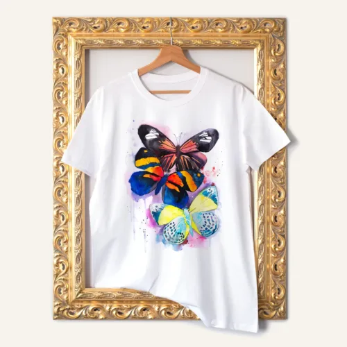 Colorful Butterflies T-Shirt, Watercolor Art Tee Colorful Butterflies watercolor painting printed on a white cotton T-shirt by Slaveika Aladjova