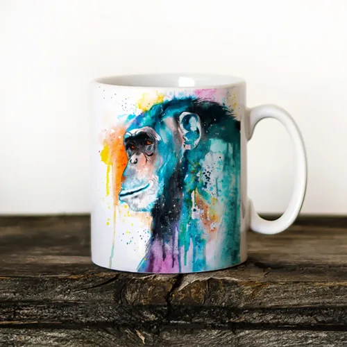 Colorful Chimpanzee Art Mug, Watercolor Ceramic Mug 11 oz Colorful Chimpanzee watercolor painting printed on an 11 oz ceramic art mug by Slaveika Aladjova