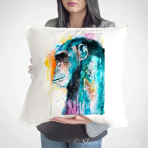 Colorful Chimpanzee Art Pillow Cover, Watercolor Cushion 50 × 50 cm Colorful Chimpanzee watercolor painting printed on a 50 x 50 cm cotton art pillow cover by Slaveika Aladjova