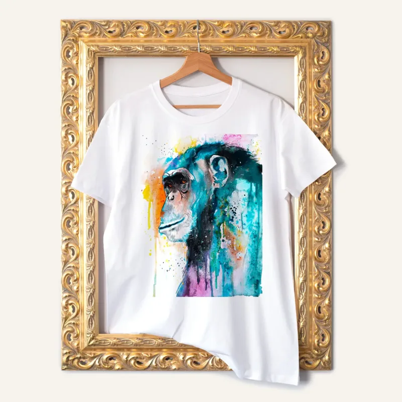 Colorful Chimpanzee watercolor painting printed on a white cotton T-shirt by Slaveika Aladjova