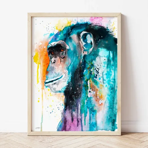 Colorful Chimpanzee watercolor painting the artwork on the T-shirt by Slaveika Aladjova
