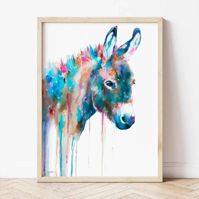 Colorful donkey watercolor painting the artwork on the T-shirt by Slaveika Aladjova