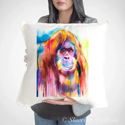 Colorful Orangutan Art Pillow Cover, Watercolor Cushion 50 × 50 cm Colorful Orangutan watercolor painting printed on a 50 x 50 cm cotton art pillow cover by Slaveika Aladjova