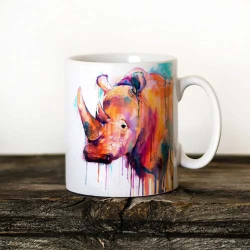 Colorful Rhino Art Mug, Watercolor Ceramic Mug 11 oz Colorful Rhino watercolor painting printed on an 11 oz ceramic art mug by Slaveika Aladjova