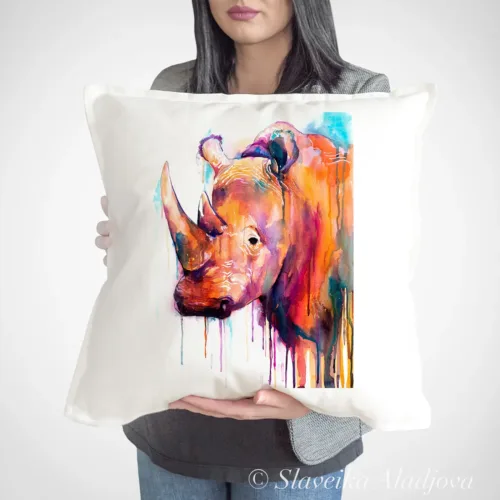 Colorful Rhino watercolor painting printed on a 50 x 50 cm cotton art pillow cover by Slaveika Aladjova