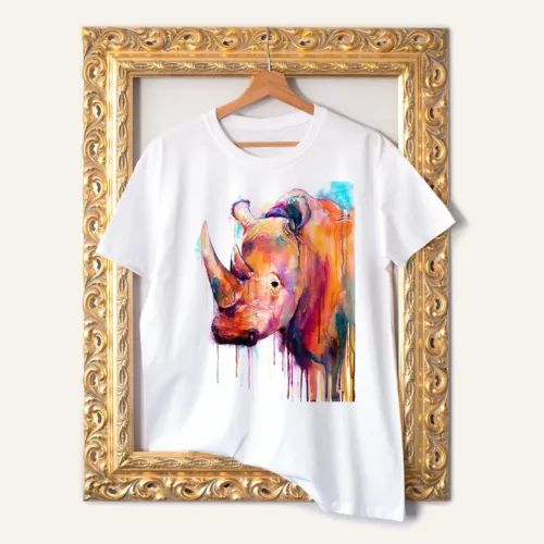 Colorful Rhino T-Shirt, Watercolor Art Tee Colorful Rhino watercolor painting printed on a white cotton T-shirt by Slaveika Aladjova