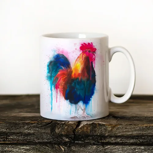 Colorful Rooster Art Mug, Watercolor Ceramic Mug 11 oz Colorful Rooster watercolor painting printed on an 11 oz ceramic art mug by Slaveika Aladjova