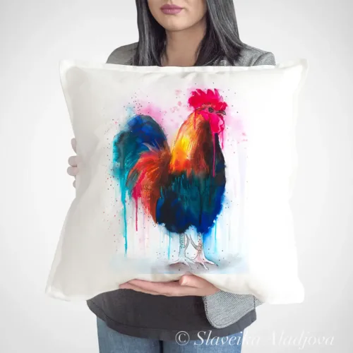 Colorful Rooster Art Pillow Cover, Watercolor Cushion 50 × 50 cm Colorful Rooster watercolor painting printed on a 50 x 50 cm cotton art pillow cover by Slaveika Aladjova