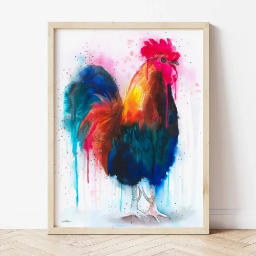 Colorful Rooster watercolor painting the artwork on the T-shirt by Slaveika Aladjova