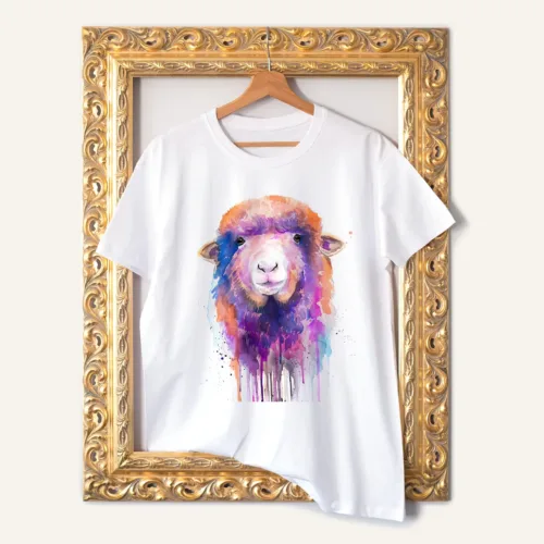 Colorful Sheep T-Shirt, Watercolor Art Tee Colorful Sheep watercolor painting printed on a white cotton T-shirt by Slaveika Aladjova