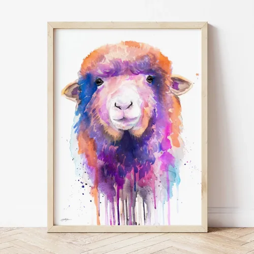 Colorful Sheep watercolor painting the artwork on the T-shirt by Slaveika Aladjova
