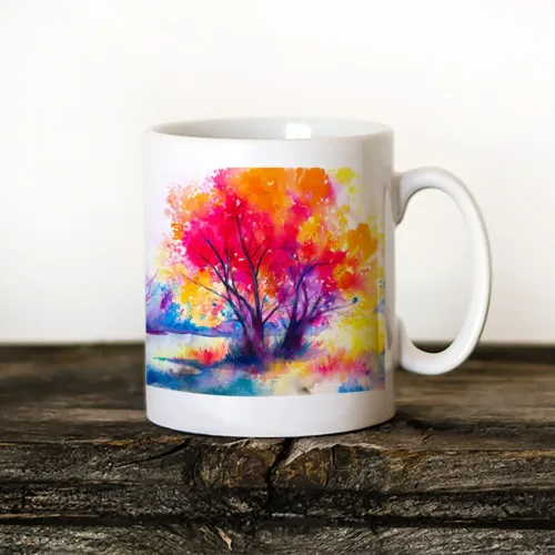Colorful Tree Art Mug, Watercolor Ceramic Mug 11 oz Colorful Tree watercolor painting printed on an 11 oz ceramic art mug by Slaveika Aladjova