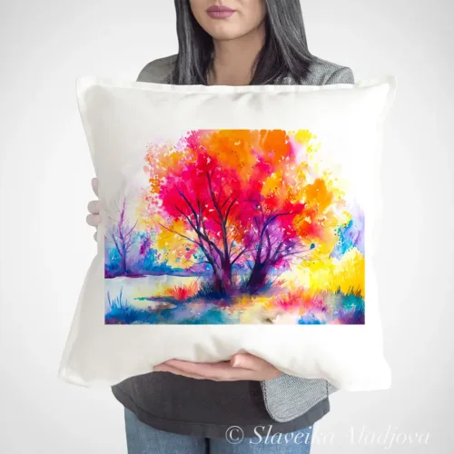 Colorful Tree Art Pillow Cover, Watercolor Cushion 50 × 50 cm Colorful Tree watercolor painting printed on a 50 x 50 cm cotton art pillow cover by Slaveika Aladjova