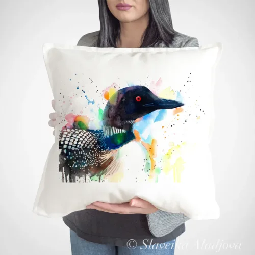 Common Loon Art Pillow Cover, Watercolor Cushion 50 × 50 cm Common Loon watercolor painting printed on a 50 x 50 cm cotton art pillow cover by Slaveika Aladjova