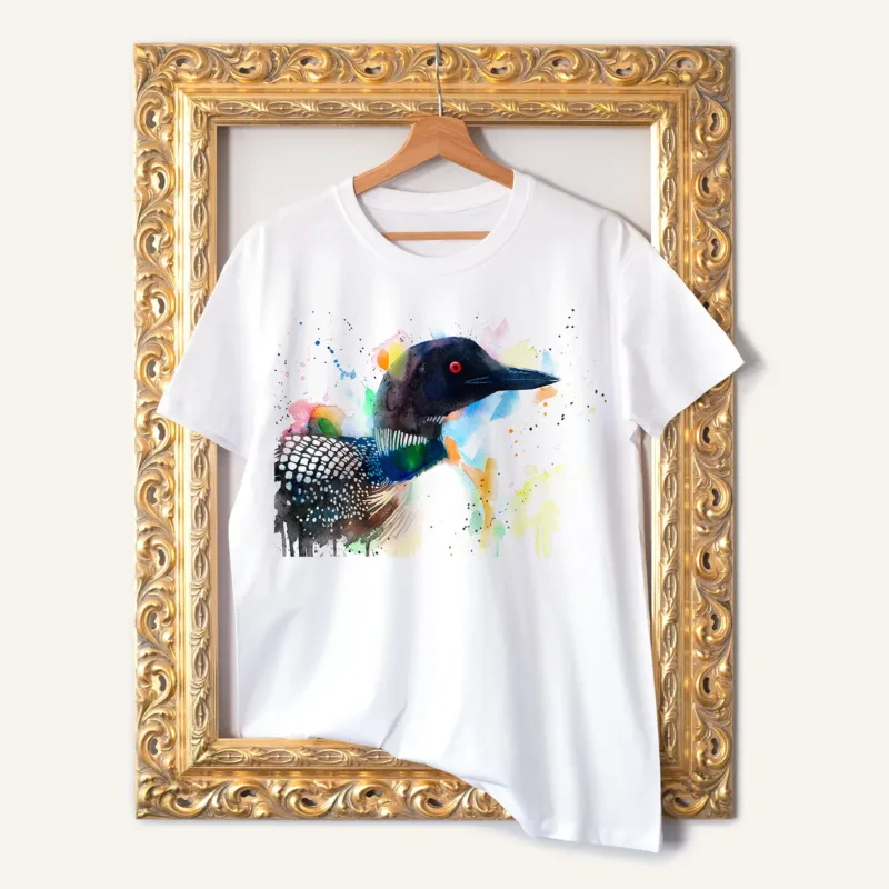 Common Loon watercolor painting printed on a white cotton T-shirt by Slaveika Aladjova