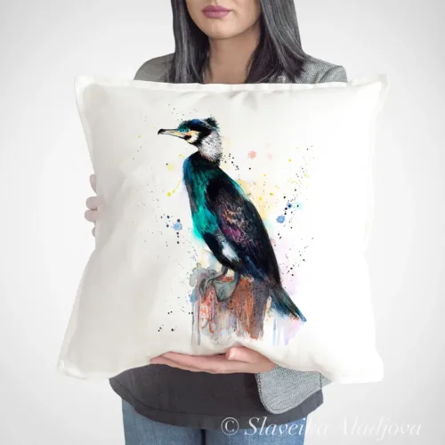 Cormorant Art Pillow Cover, Watercolor Cushion 50 × 50 cm Cormorant watercolor painting printed on a 50 x 50 cm cotton art pillow cover by Slaveika Aladjova