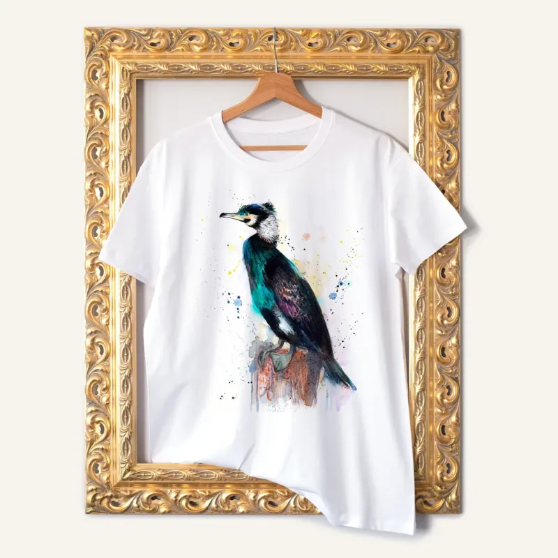 Cormorant watercolor painting printed on a white cotton T-shirt by Slaveika Aladjova
