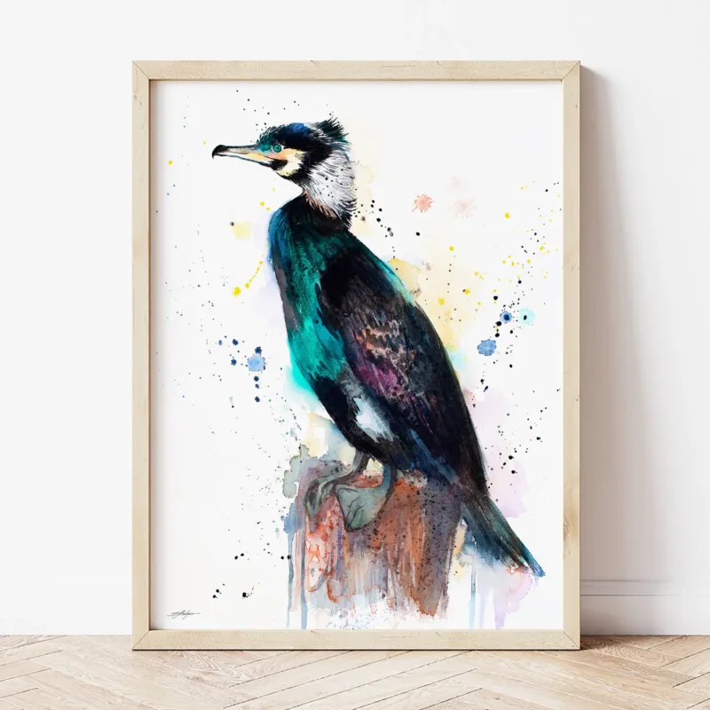 Cormorant watercolor painting the artwork on the T-shirt by Slaveika Aladjova