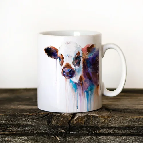 Cow watercolor painting printed on an 11 oz ceramic art mug by Slaveika Aladjova