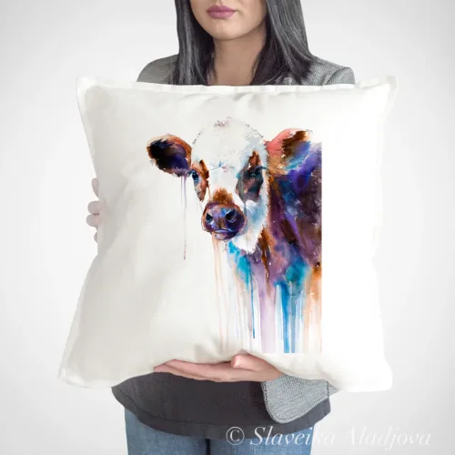 Cow Art Pillow Cover, Watercolor Cushion 50 × 50 cm Cow watercolor painting printed on a 50 x 50 cm cotton art pillow cover by Slaveika Aladjova