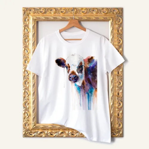 Cow T-Shirt, Watercolor Art Tee Cow watercolor painting printed on a white cotton T-shirt by Slaveika Aladjova