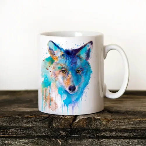 Coyote watercolor painting printed on an 11 oz ceramic art mug by Slaveika Aladjova