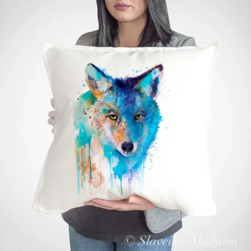 Coyote Art Pillow Cover, Watercolor Cushion 50 × 50 cm Coyote watercolor painting printed on a 50 x 50 cm cotton art pillow cover by Slaveika Aladjova